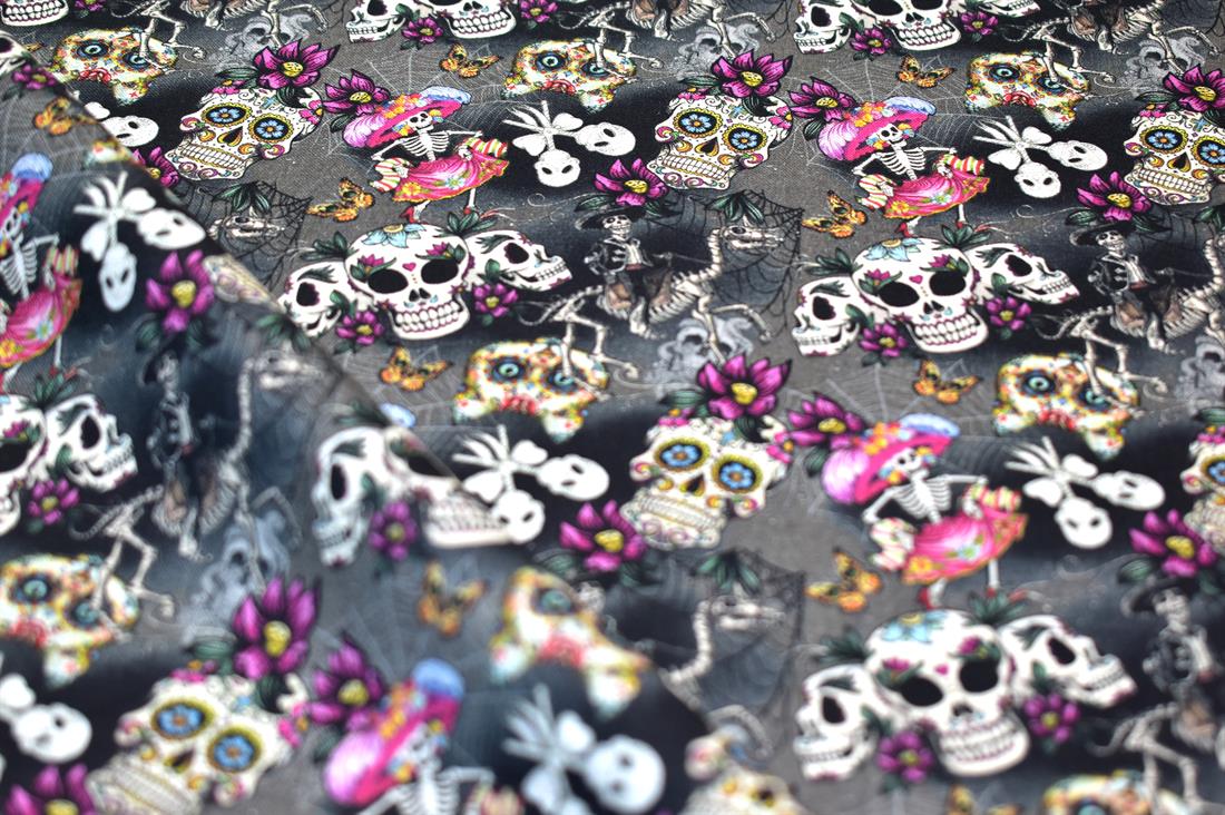Black & Grey Day of the Dead Printed 100% Cotton Fabric