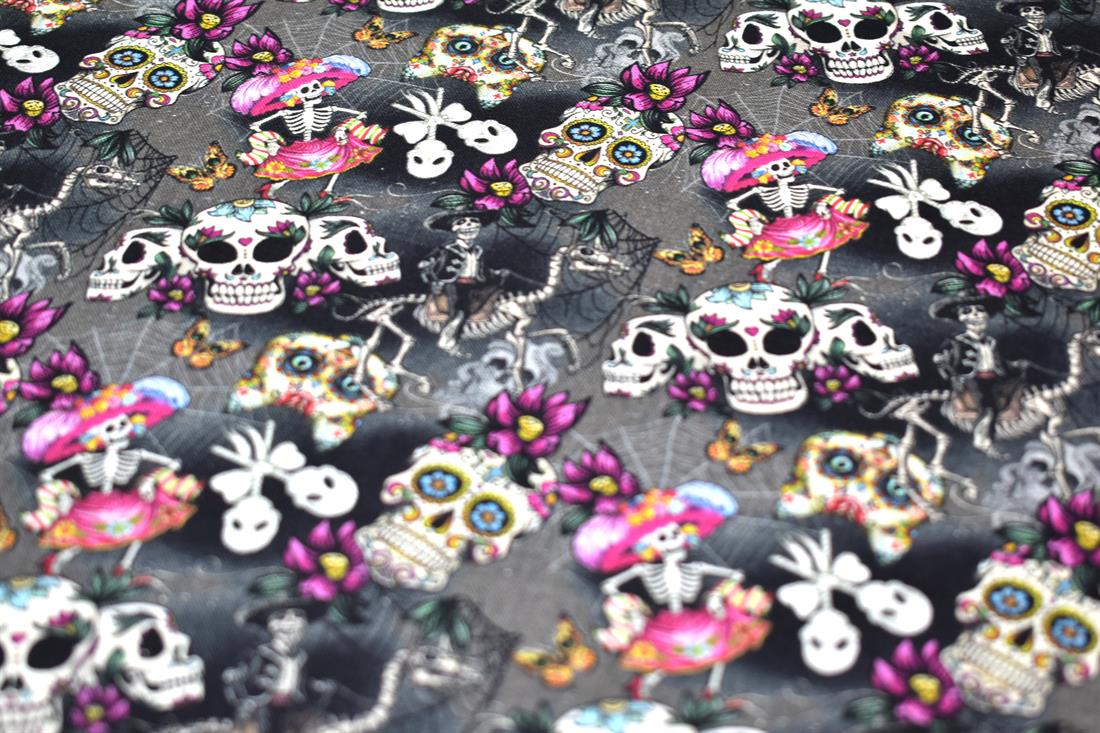 Black & Grey Day of the Dead Printed 100% Cotton Fabric