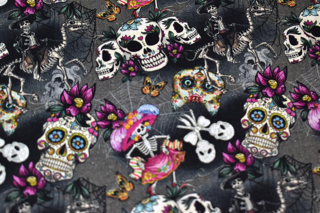 Black & Grey Day of the Dead Printed 100% Cotton Fabric