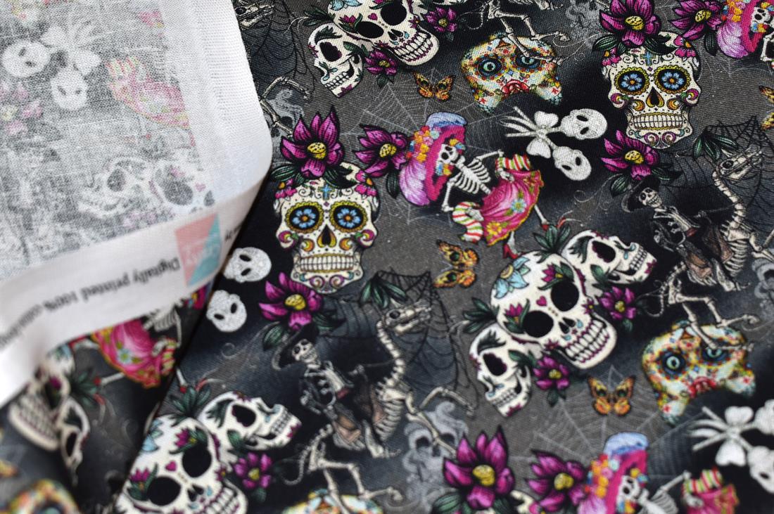 Black & Grey Day of the Dead Printed 100% Cotton Fabric
