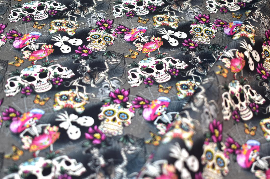 Black & Grey Day of the Dead Printed 100% Cotton Fabric