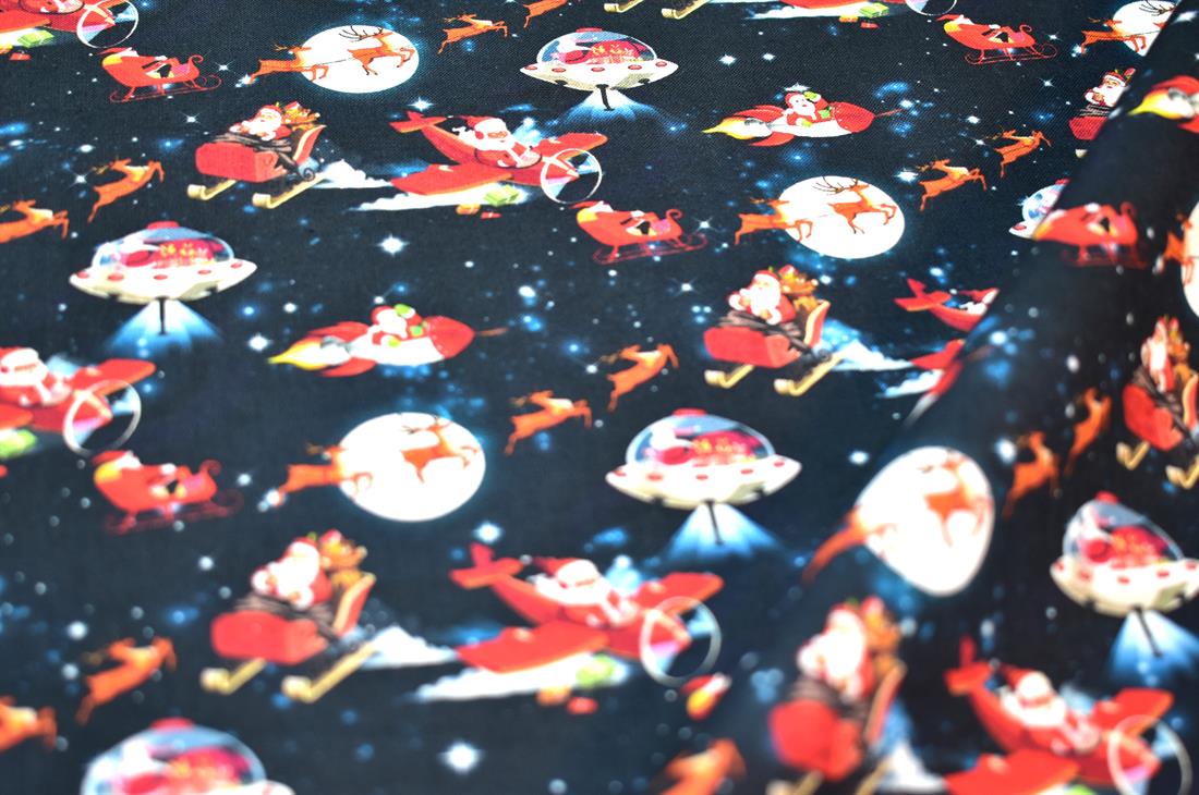 Dark Navy Flying Father Christmas Printed 100% Cotton Fabric
