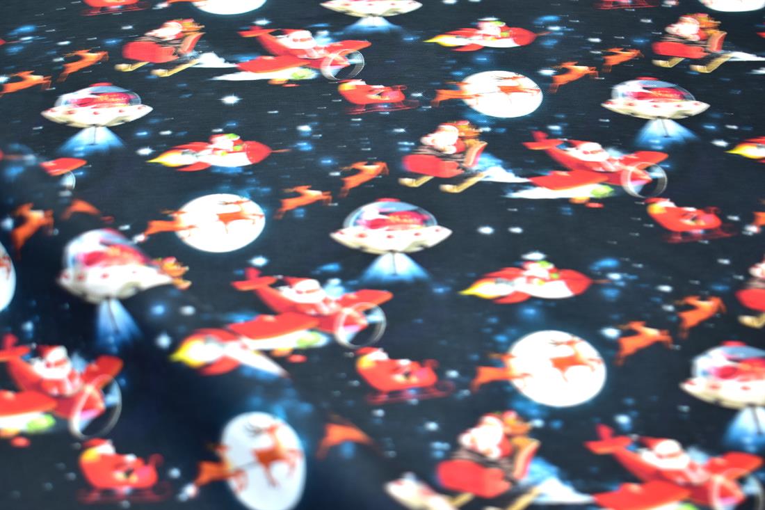 Dark Navy Flying Father Christmas Printed 100% Cotton Fabric