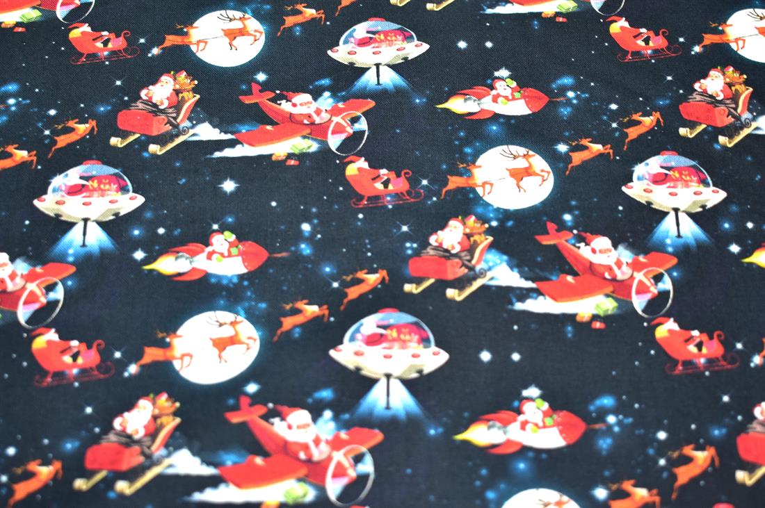 Dark Navy Flying Father Christmas Printed 100% Cotton Fabric