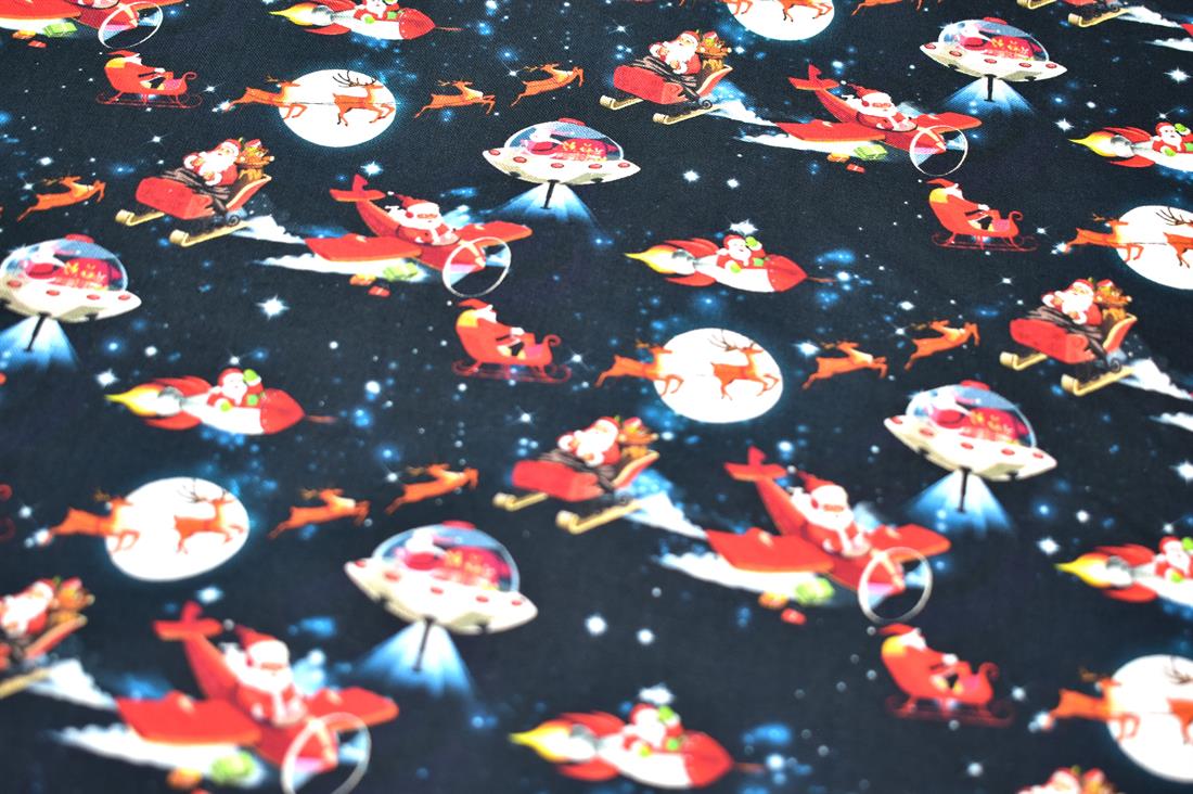 Dark Navy Flying Father Christmas Printed 100% Cotton Fabric