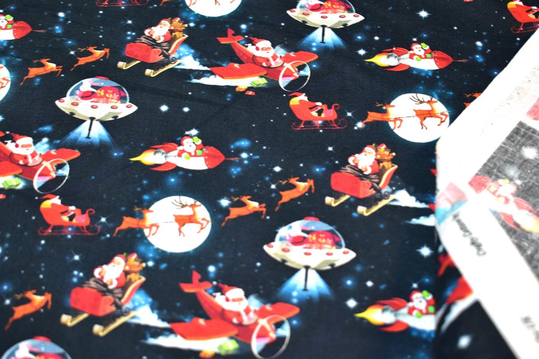 Dark Navy Flying Father Christmas Printed 100% Cotton Fabric