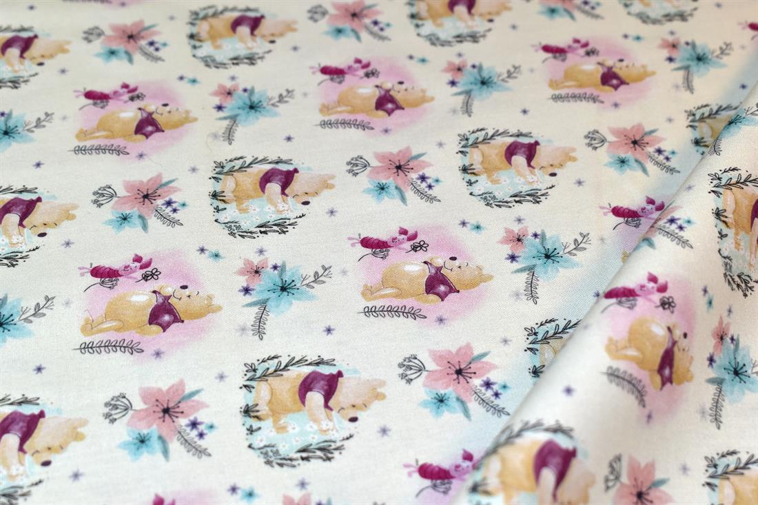 Cream Winnie The Pooh Printed 100% Cotton Fabric
