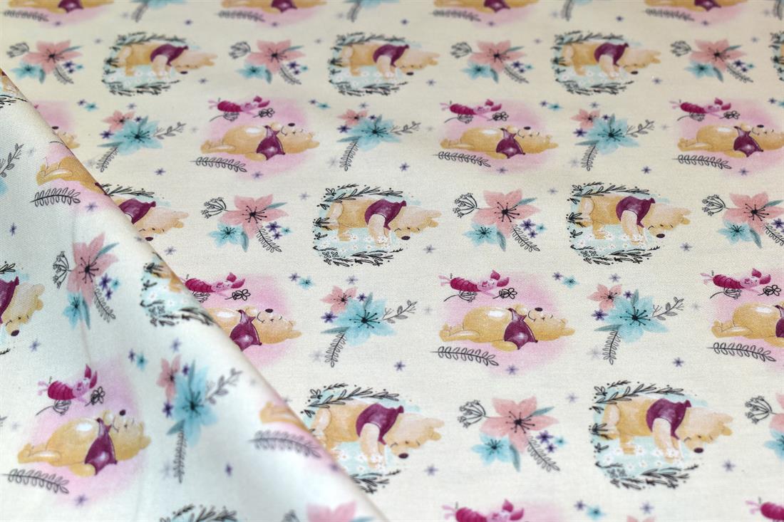 Cream Winnie The Pooh Printed 100% Cotton Fabric