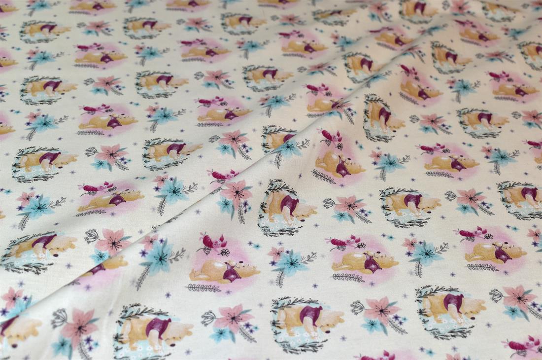 Cream Winnie The Pooh Printed 100% Cotton Fabric