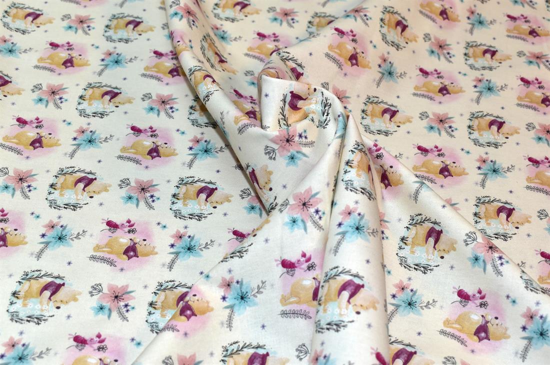 Cream Winnie The Pooh Printed 100% Cotton Fabric