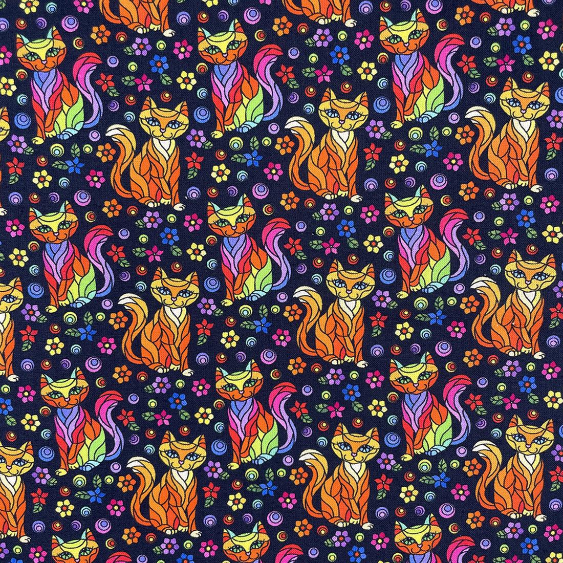 Dark Navy Mosaic Cat Printed Crafty Cottons Digital 100% Fabric