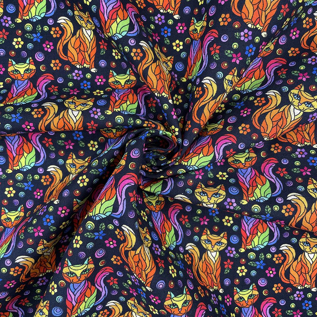 Dark Navy Mosaic Cat Printed Crafty Cottons Digital 100% Fabric