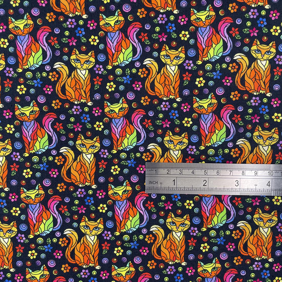 Dark Navy Mosaic Cat Printed Crafty Cottons Digital 100% Fabric