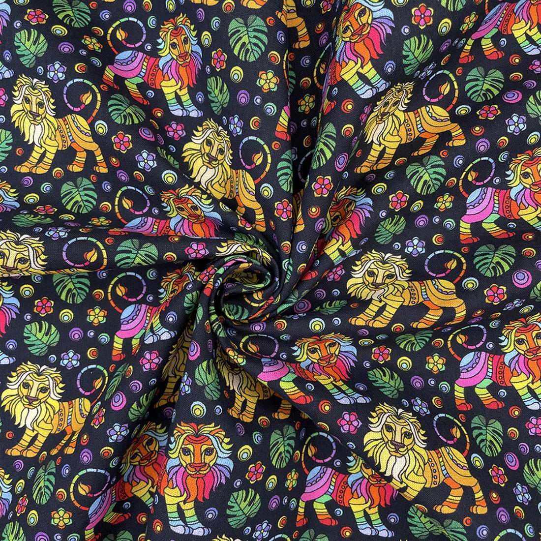Black Mosaic Lion Printed Crafty Cottons Digital 100% Fabric