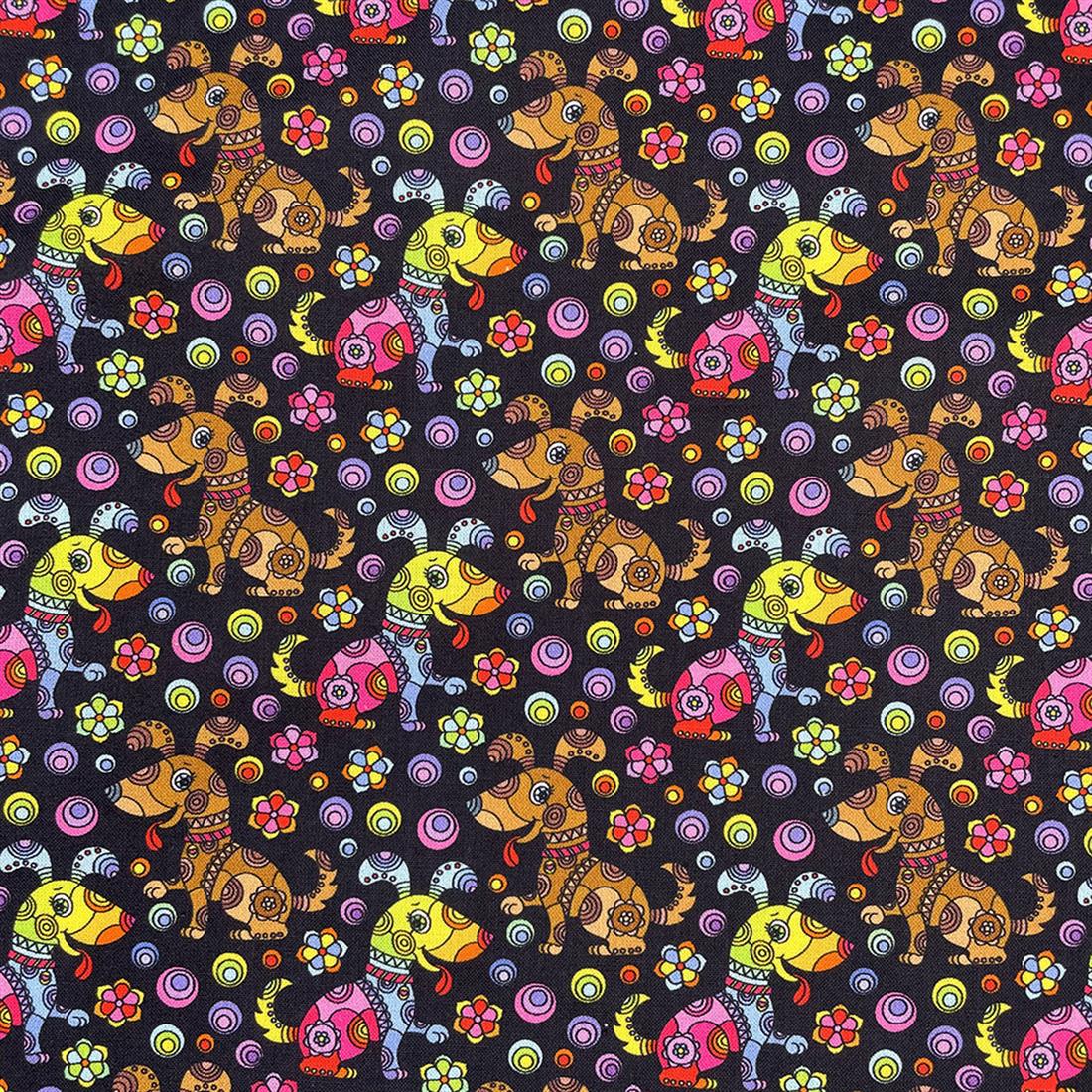 Black Mosaic Doggie Printed Crafty Cottons Digital 100% Fabric