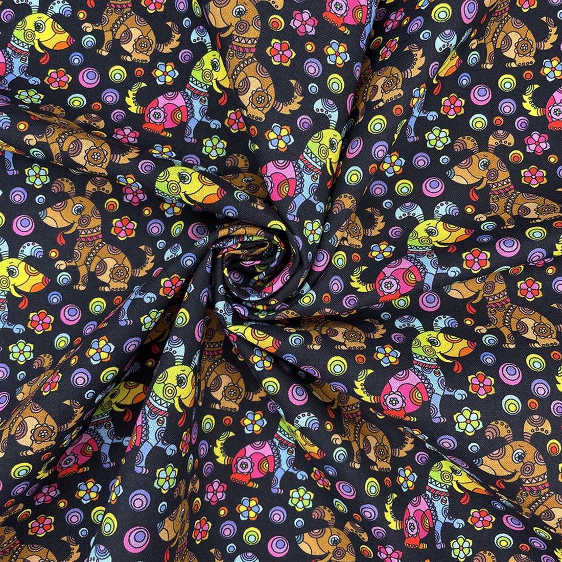 Black Mosaic Doggie Printed Crafty Cottons Digital 100% Fabric