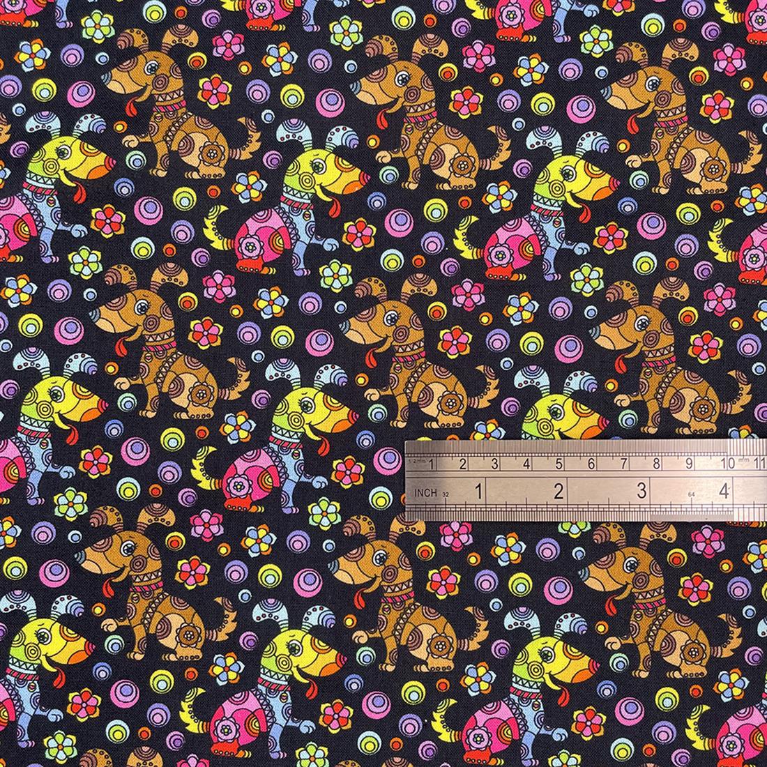 Black Mosaic Doggie Printed Crafty Cottons Digital 100% Fabric