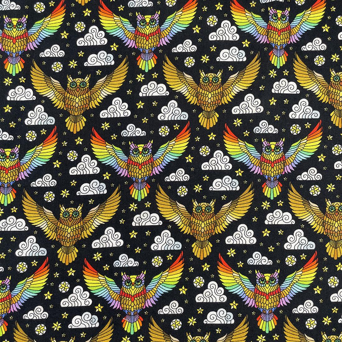 Black Mosaic Owl Printed Crafty Cottons Digital 100% Cotton Fabric