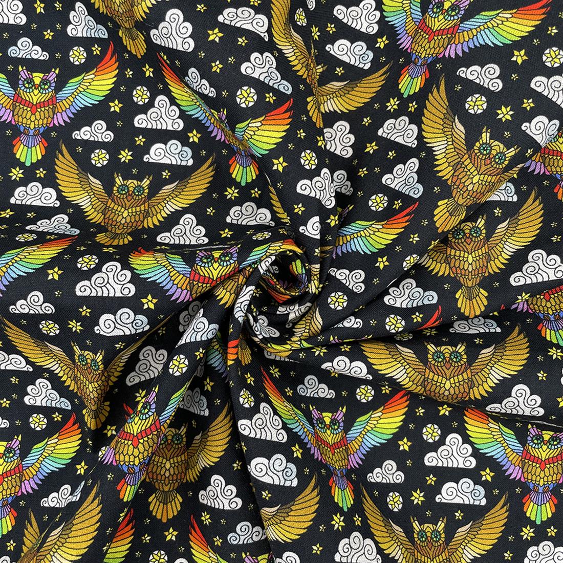Black Mosaic Owl Printed Crafty Cottons Digital 100% Cotton Fabric