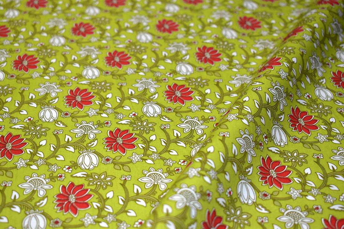 Lime Green Printed Floral Cottons Poplin