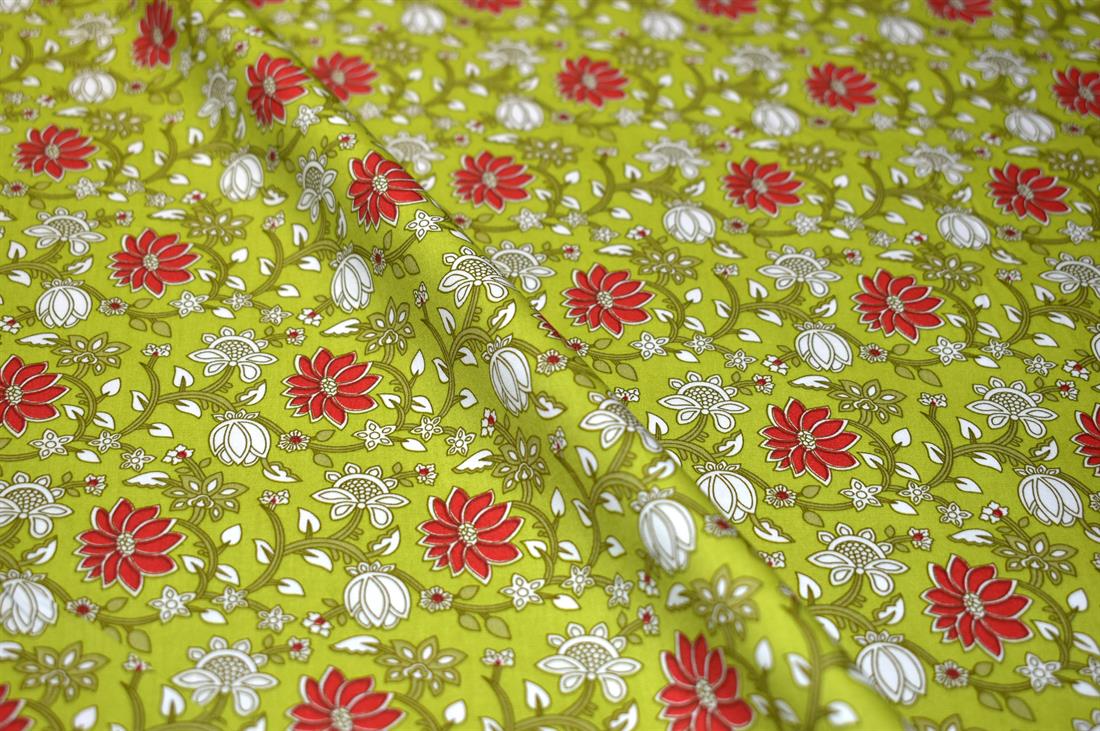 Lime Green Printed Floral Cottons Poplin