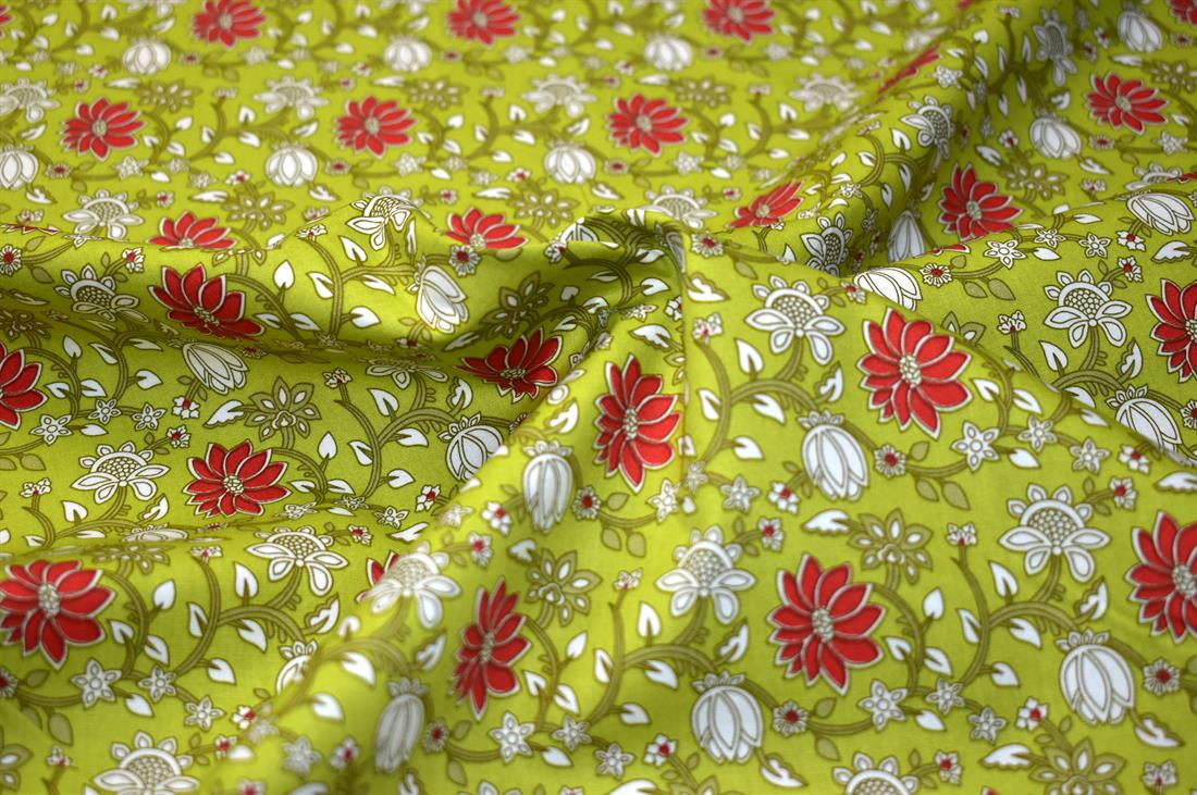 Lime Green Printed Floral Cottons Poplin
