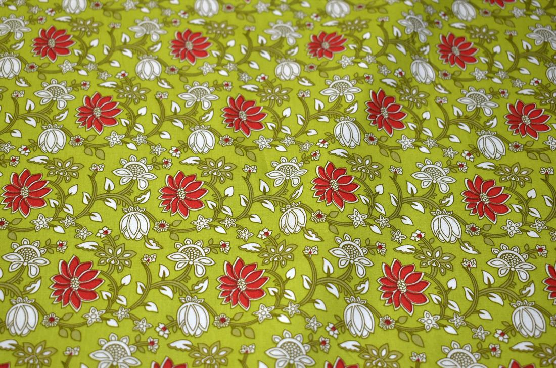 Lime Green Printed Floral Cottons Poplin