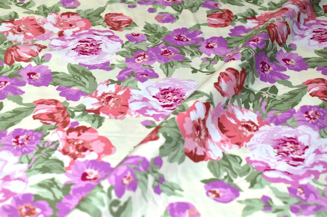 Beige & Purple Vintage Rose Printed Crafty Cottons Poplin