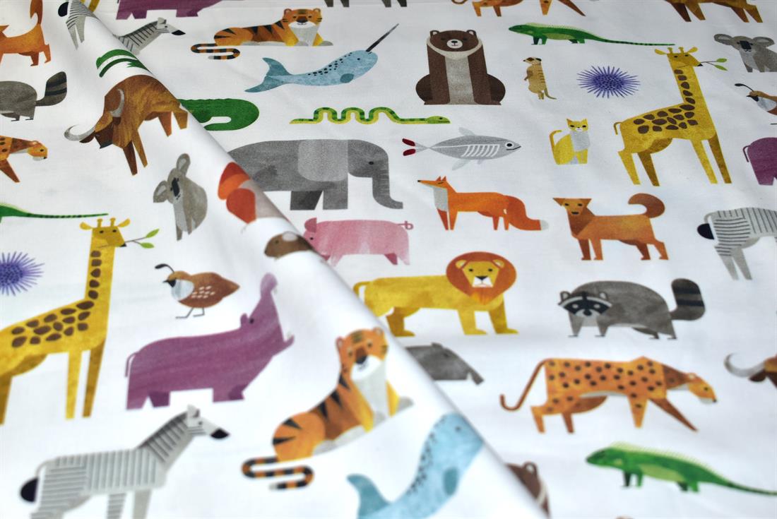 White Zoo Animals Printed Crafty Cottons Poplin