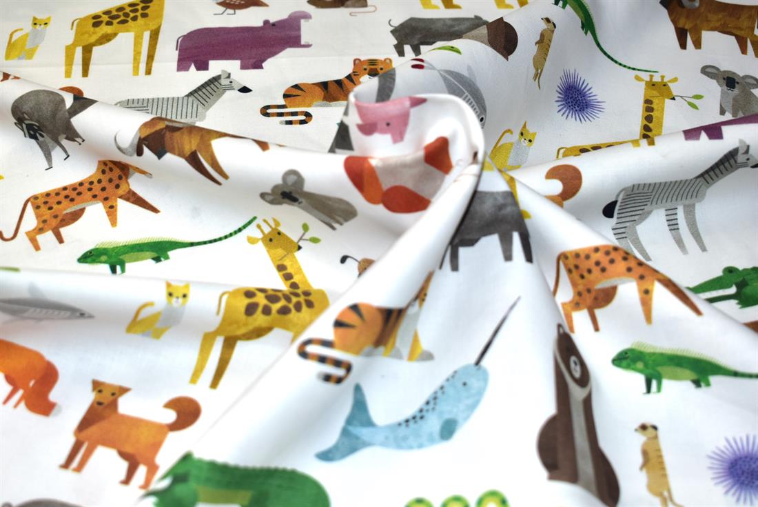 White Zoo Animals Printed Crafty Cottons Poplin