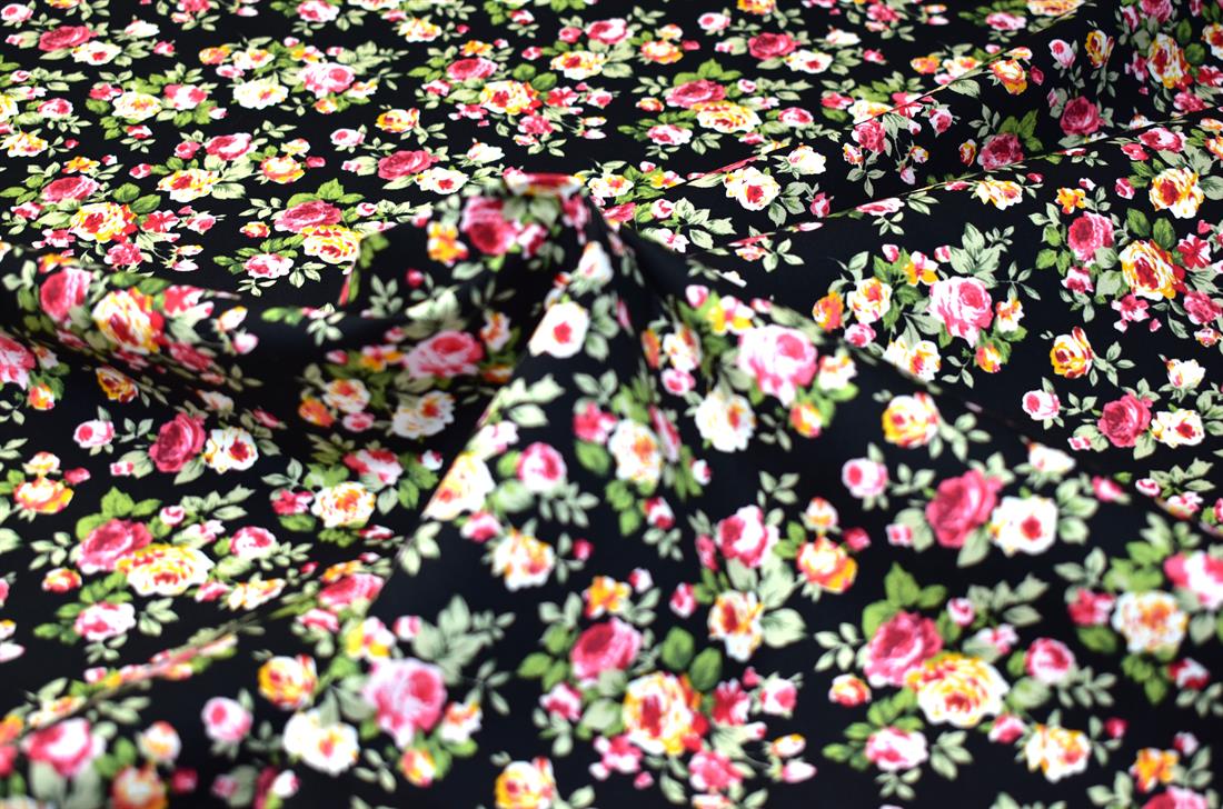 Black Flowers Cotton Poplin Fabric