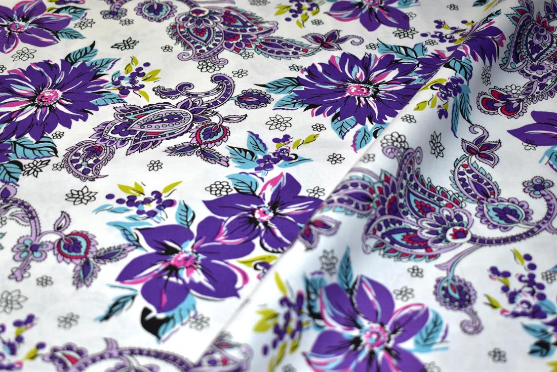 White & Purple Floral Printed Crafty Cottons Poplin