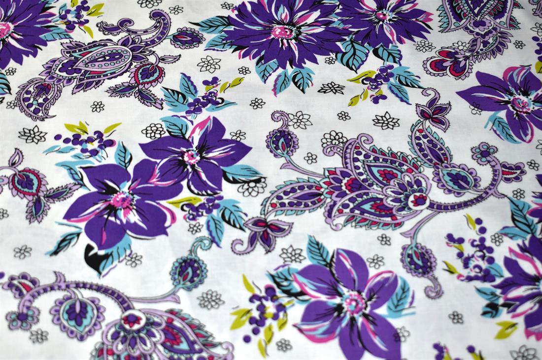 White & Purple Floral Printed Crafty Cottons Poplin