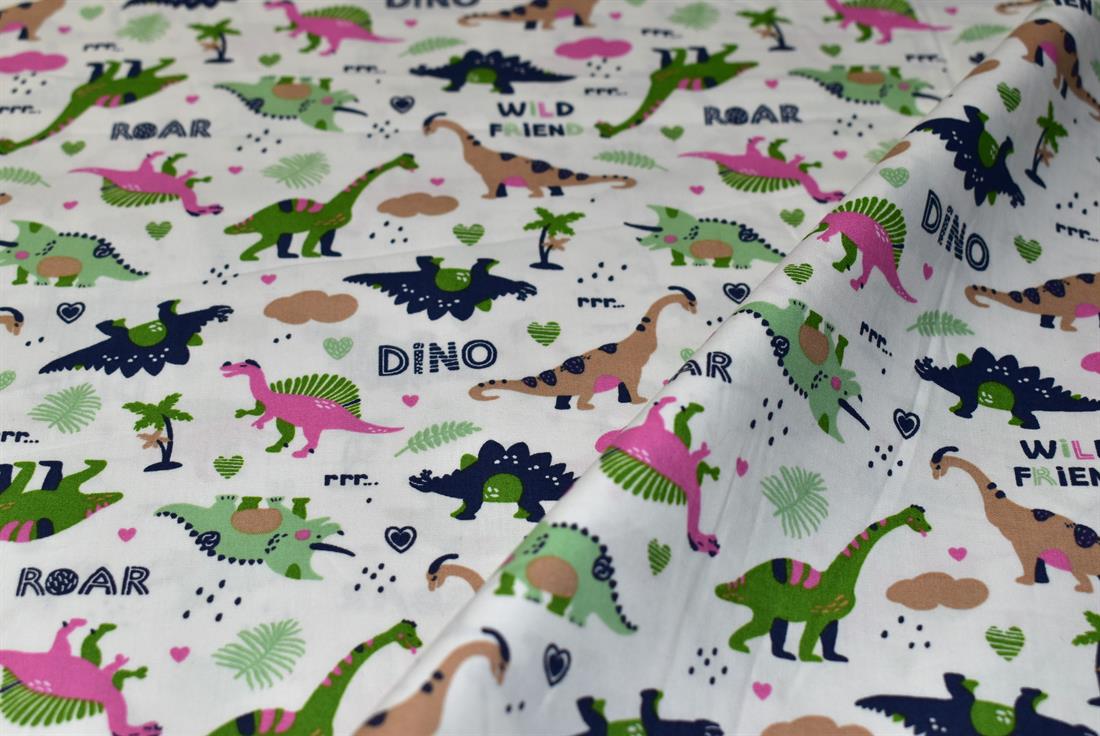 White Dinosaur Printed Crafty Cottons Poplin