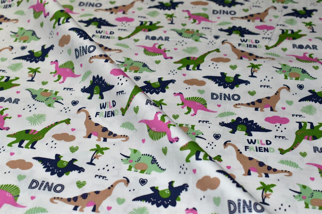 White Dinosaur Printed Crafty Cottons Poplin
