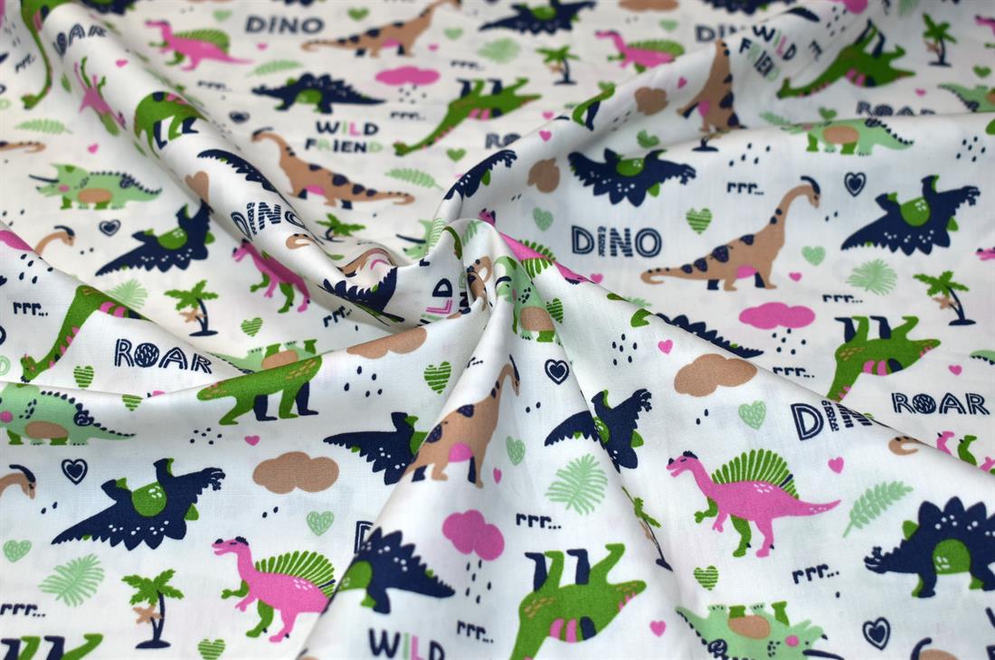 White Dinosaur Printed Crafty Cottons Poplin