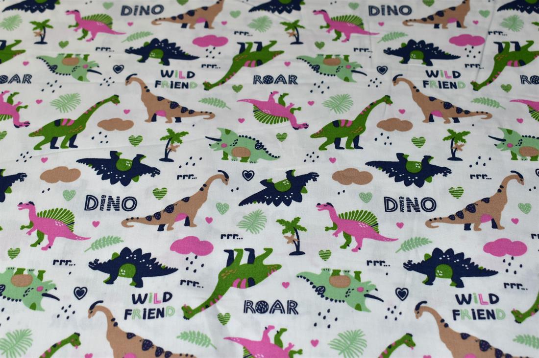 White Dinosaur Printed Crafty Cottons Poplin