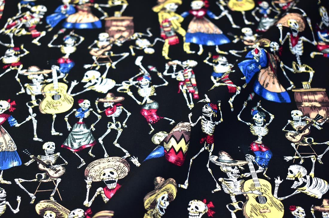 Black Day of the Dead Rose & Hubble Printed Crafty Cottons Poplin