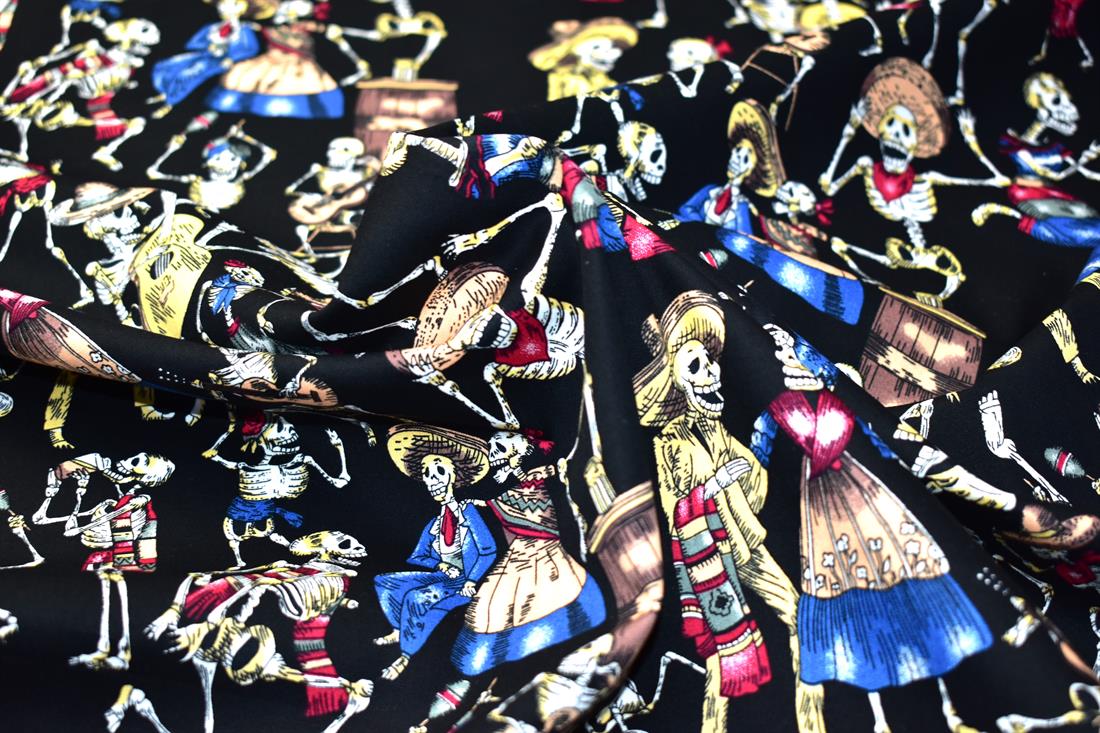 Black Day of the Dead Rose & Hubble Printed Crafty Cottons Poplin