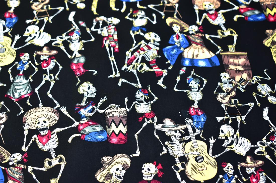 Black Day of the Dead Rose & Hubble Printed Crafty Cottons Poplin