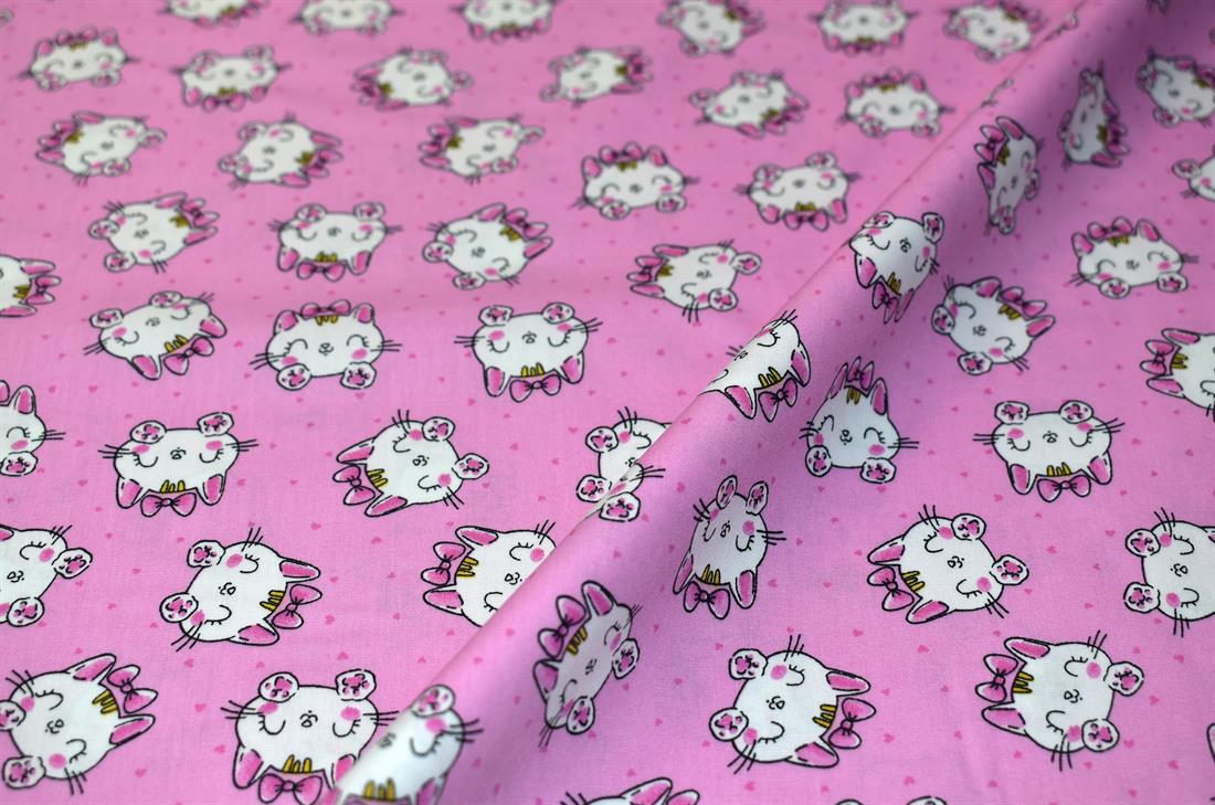 Pink Kitty Cat Rose & Hubble Printed Crafty Cottons Poplin
