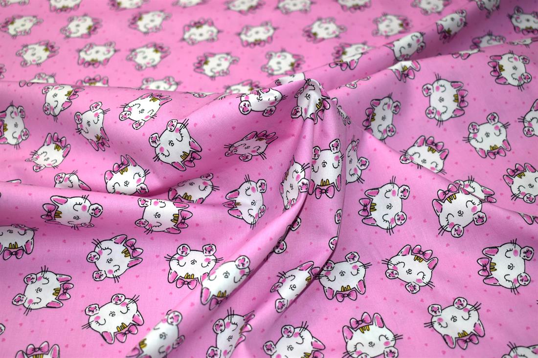Pink Kitty Cat Rose & Hubble Printed Crafty Cottons Poplin