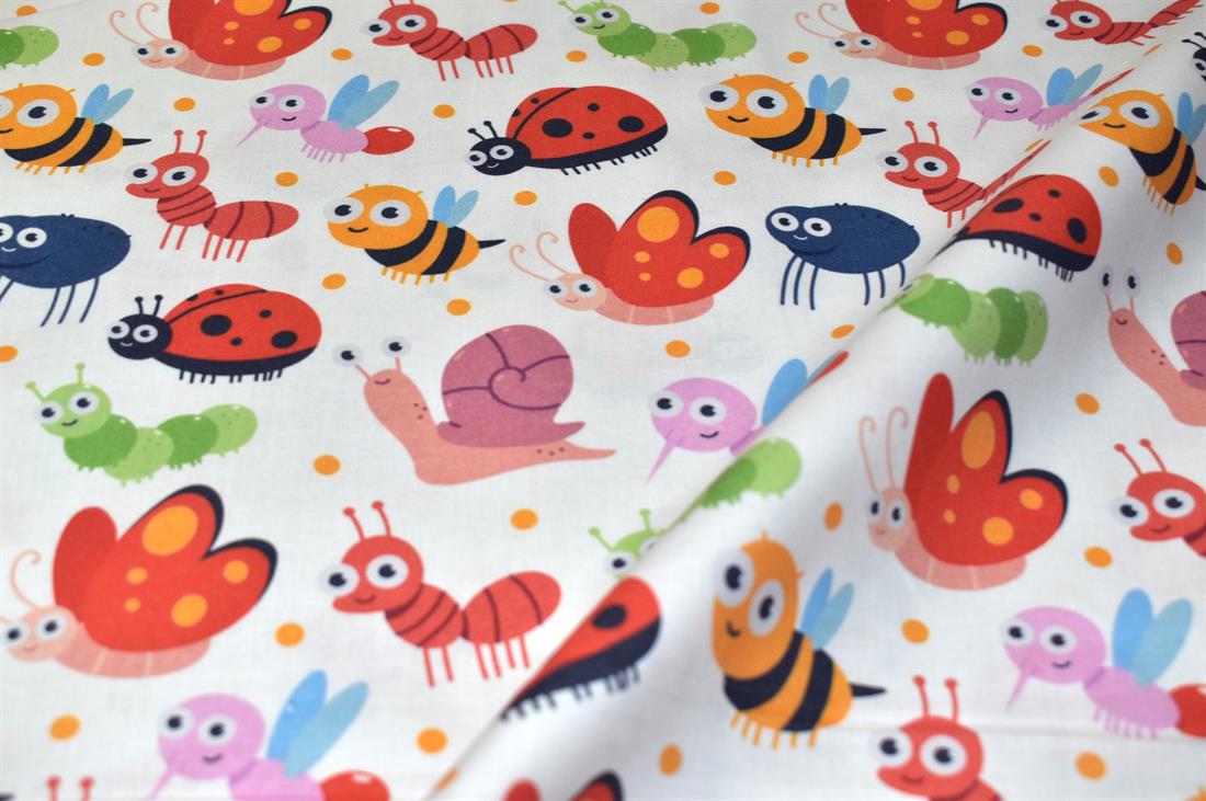 White Baby Bugs 100% Printed Crafty Cottons Fabric