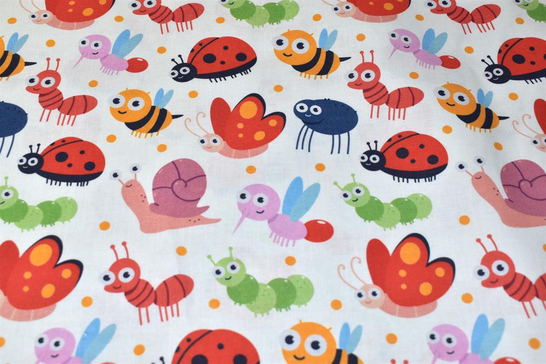 White Baby Bugs 100% Printed Crafty Cottons Fabric