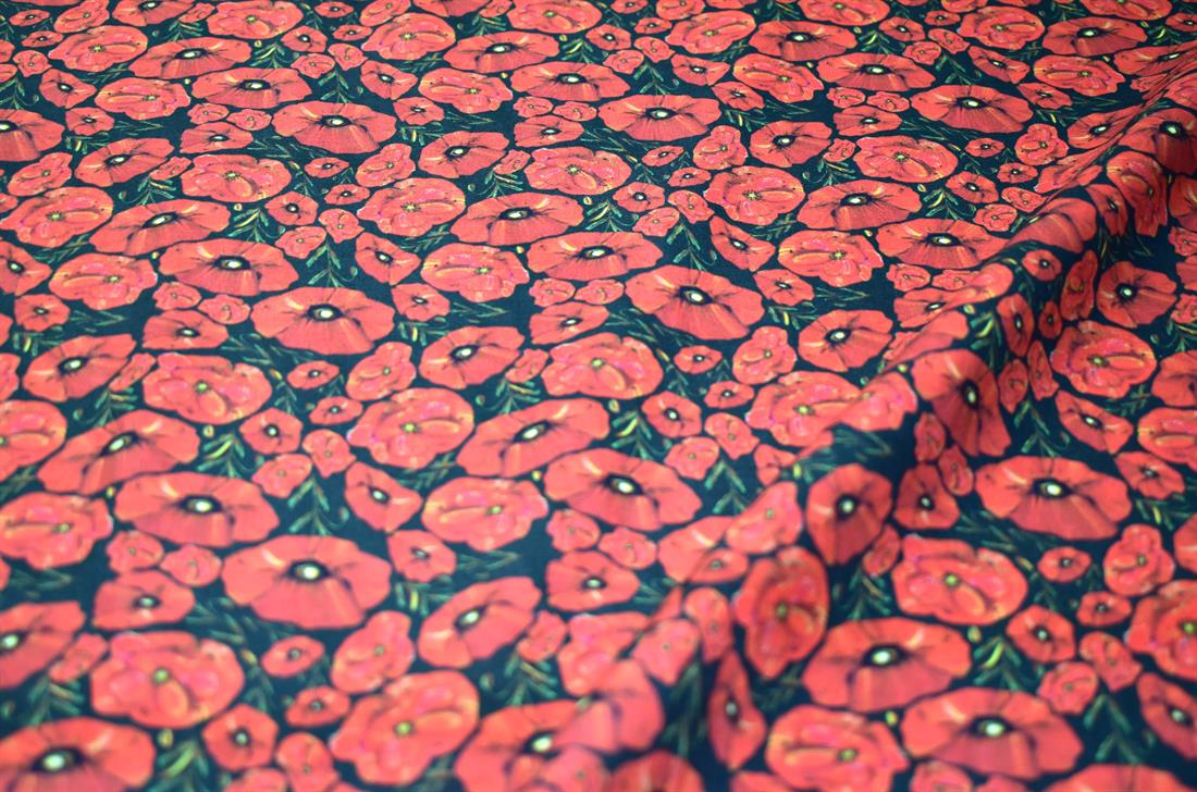 Red & Black Poppy Flower 100% Printed Crafty Cottons Fabric