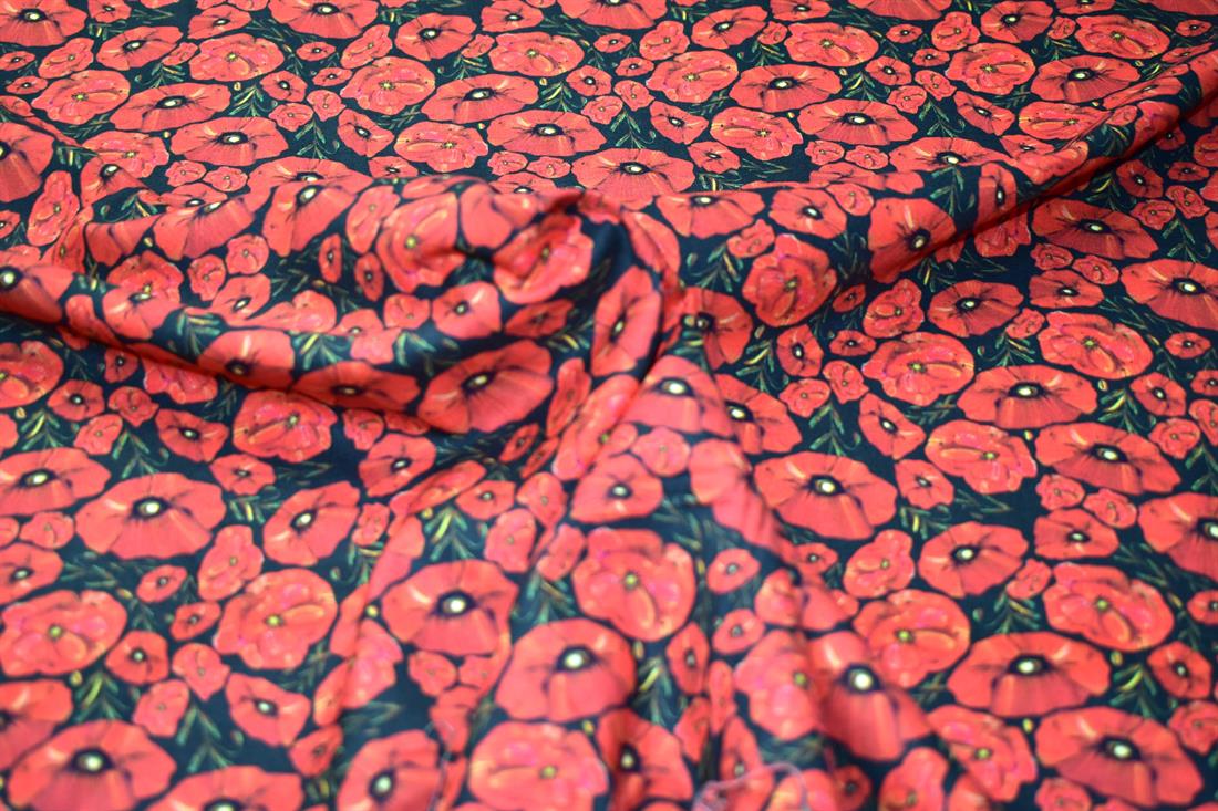 Red & Black Poppy Flower 100% Printed Crafty Cottons Fabric