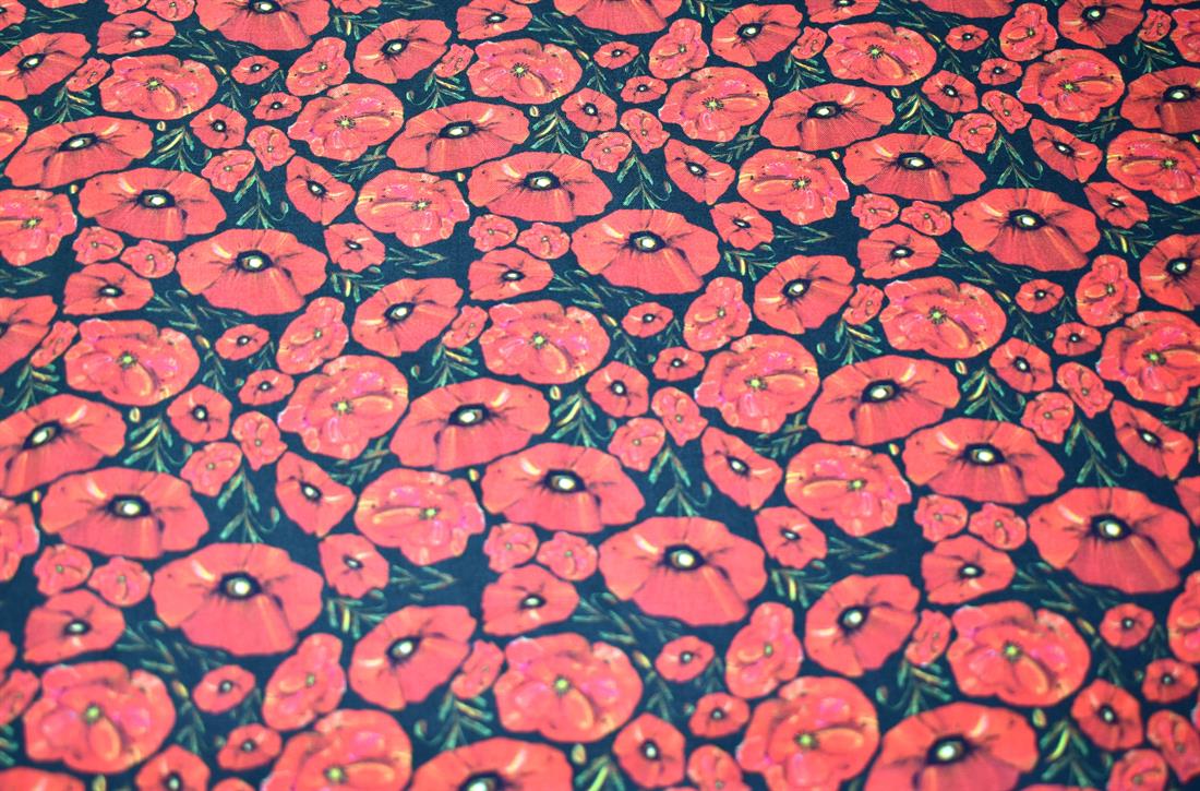 Red & Black Poppy Flower 100% Printed Crafty Cottons Fabric