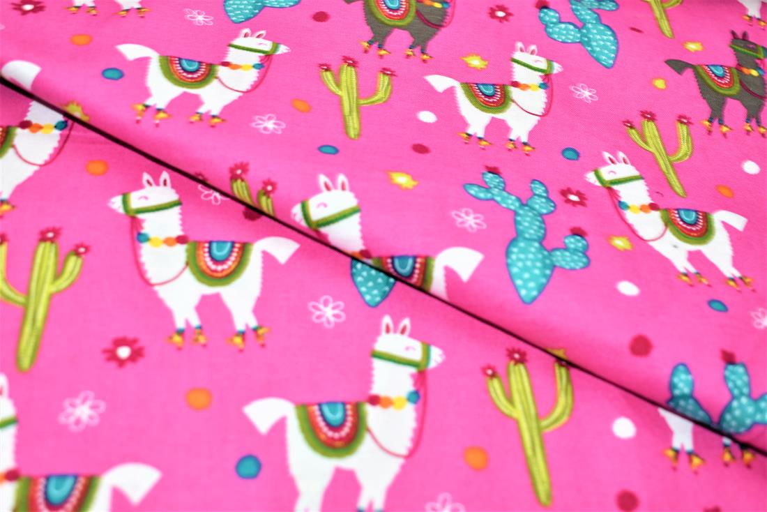 Pink Llama & Cactus Printed 100% Cotton Fabric