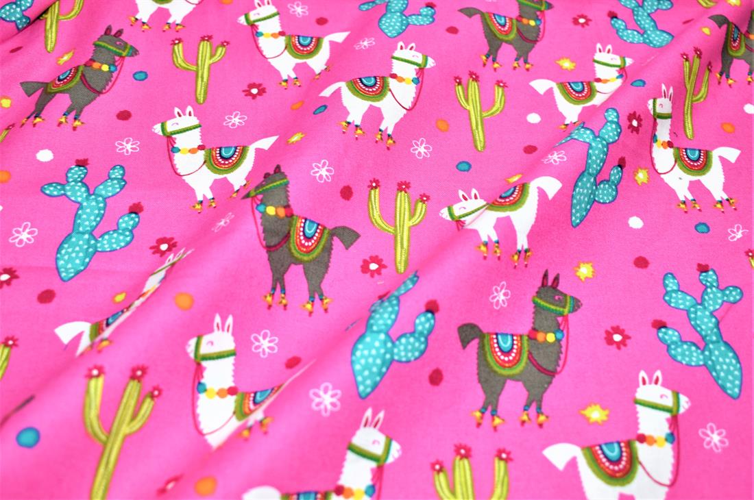 Pink Llama & Cactus Printed 100% Cotton Fabric