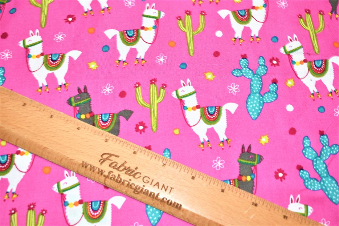 Pink Llama & Cactus Printed 100% Cotton Fabric